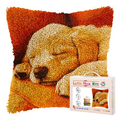 DIY Latch Hook Pillow Kits for Adults Sleeping Golden Retriever Puppy on Sofa Printed Pillowcase Crochet Yarns Hooking Handmade Pillow Cover Cushion for Home Sofa Decor 17x17inch(1)