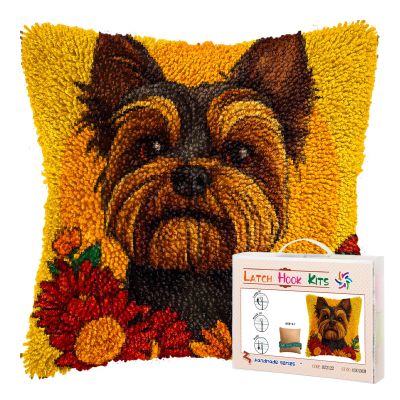 DIY Latch Hook Pillow Kits for Adults Yorkshire Terrier Dog in Flowers Printed Pillowcase Crochet Yarns Hooking Handmade Pillow Cover Cushion for Home Sofa Decoration 17x17inch-8