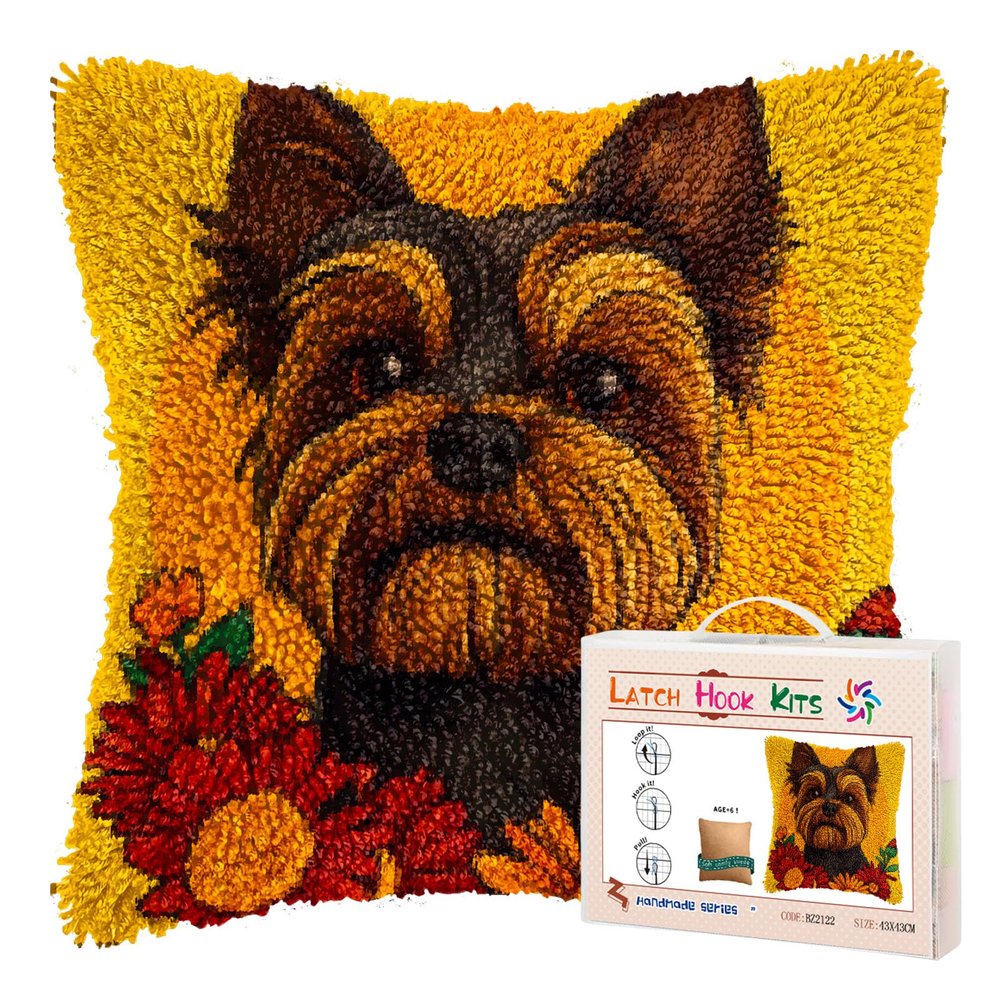 DIY Latch Hook Pillow Kits for Adults Yorkshire Terrier Dog in Flowers Printed Pillowcase Crochet Yarns Hooking Handmade Pillow Cover Cushion for Home Sofa Decoration 17x17inch-8