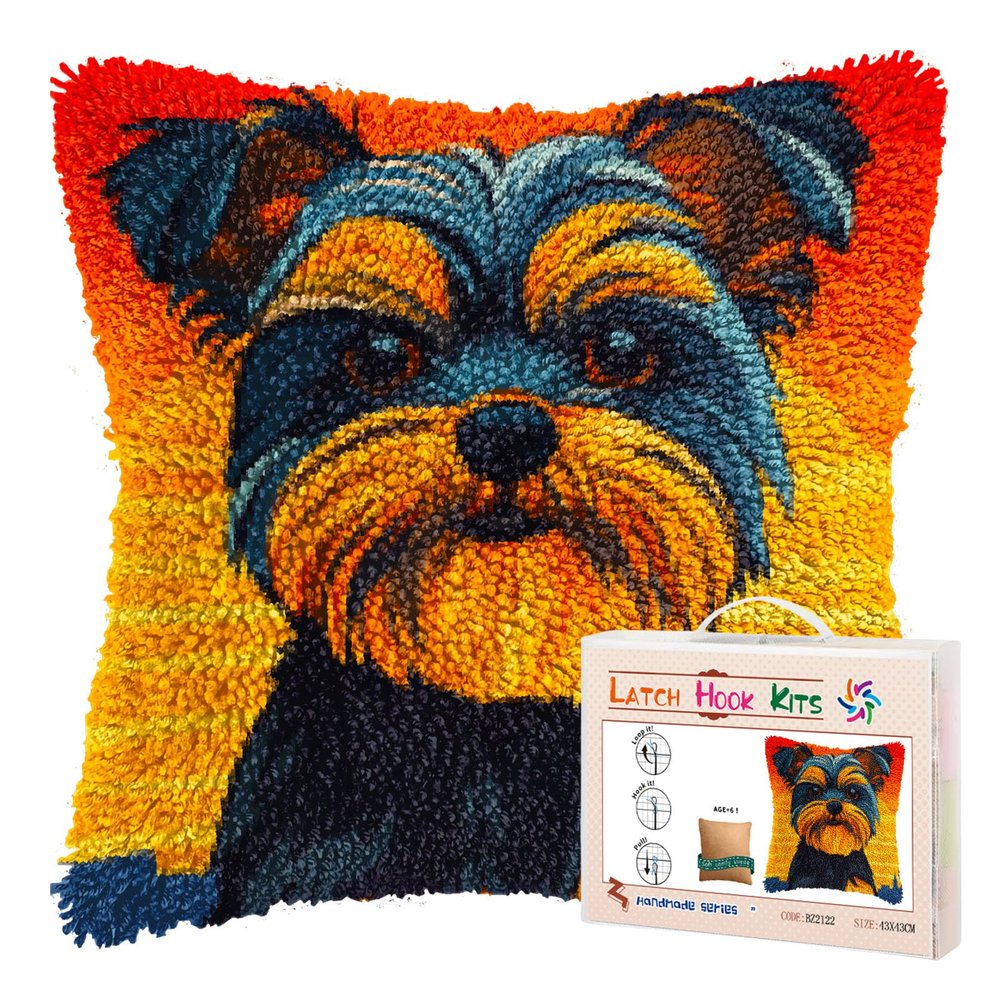 DIY Latch Hook Pillow Kits for Adults Cute Yorkshire Terrier Dog Printed Pillowcase Crochet Yarns Hooking Handmade Pillow Cover Cushion for Home Sofa Decoration 17x17inch-5