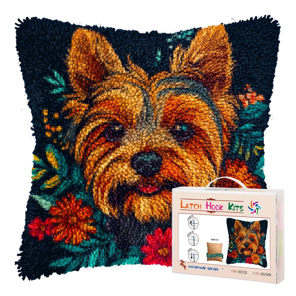 DIY Latch Hook Pillow Kits for Adults Yorkshire Terrier Dog in Flowers Printed Pillowcase Crochet Yarns Hooking Handmade Pillow Cover Cushion for Home Sofa Decoration 17x17inch-5