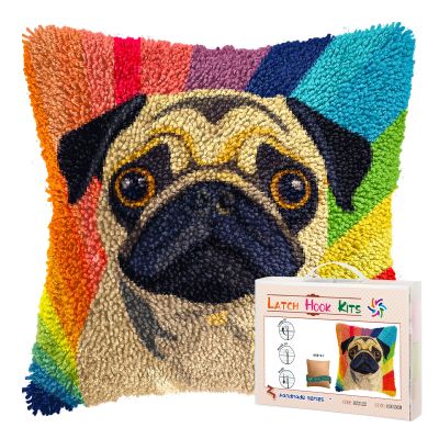 DIY Latch Hook Pillow Kits for Adults Pug Dog with Rainbow Background Printed Pillowcase Crochet Yarns Hooking Handmade Pillow Cover Cushion for Home Sofa Decoration 17x17inch-4