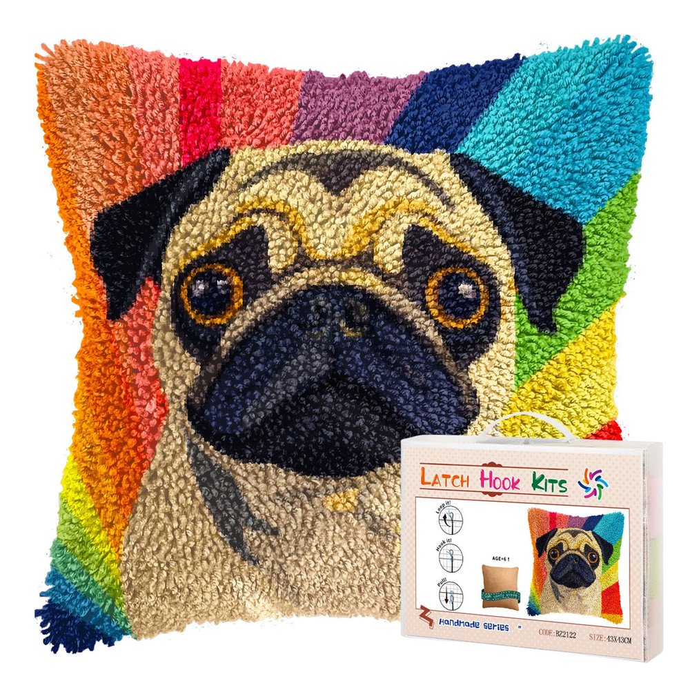 DIY Latch Hook Pillow Kits for Adults Pug Dog with Rainbow Background Printed Pillowcase Crochet Yarns Hooking Handmade Pillow Cover Cushion for Home Sofa Decoration 17x17inch-4