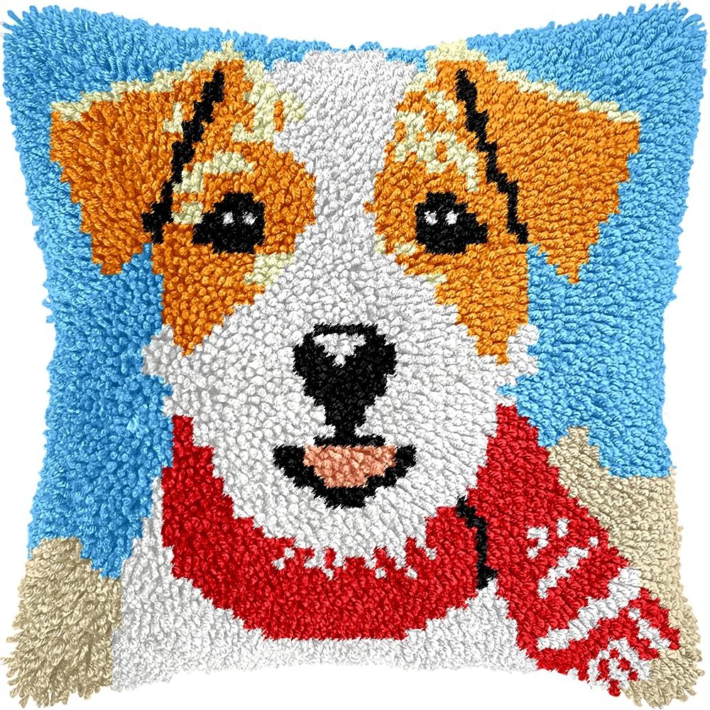 Jack Russell Terrier Latch Hook Kits for Adults Kids Beginners Cute Dogs Latch Hook Pillow Kit Pre-Printed Latch Hook Rug Kits Cross-stitch Embroidery Cushion for Home Sofa Decoration 17x17 in.