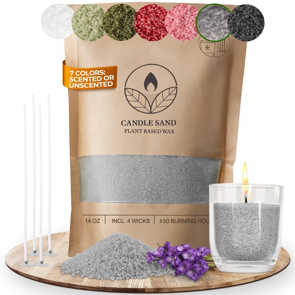 comforder Scented Candle Sand with Wicks, Pearled Candle, Wax Granules, 14oz Sand Wax Granules + 4 Wicks (Grey, Lavender)