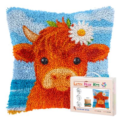 DIY Latch Hook Pillow Kits for Adults Cute Orange Baby Highland Cow Printed Pillowcase Crochet Yarns Hooking Handmade Pillow Cover Cushion for Home Sofa Decoration 17x17inch-114