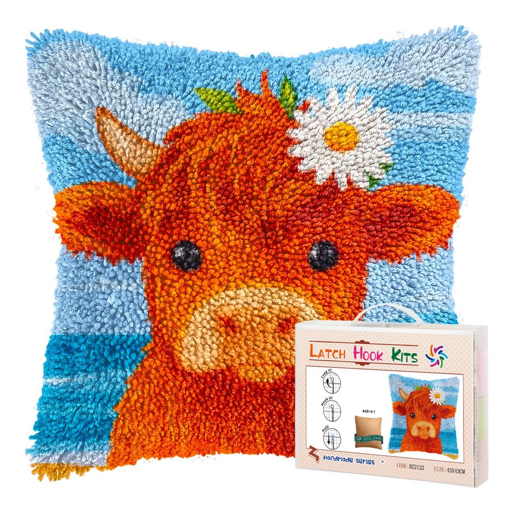 DIY Latch Hook Pillow Kits for Adults Cute Orange Baby Highland Cow Printed Pillowcase Crochet Yarns Hooking Handmade Pillow Cover Cushion for Home Sofa Decoration 17x17inch-114