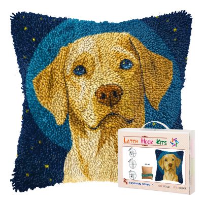 DIY Latch Hook Pillow Kits for Adults Cartoon Labrador Dog Printed Pillowcase Crochet Yarns Hooking Handmade Pillow Cover Cushion for Home Sofa Decoration 17x17inch-19