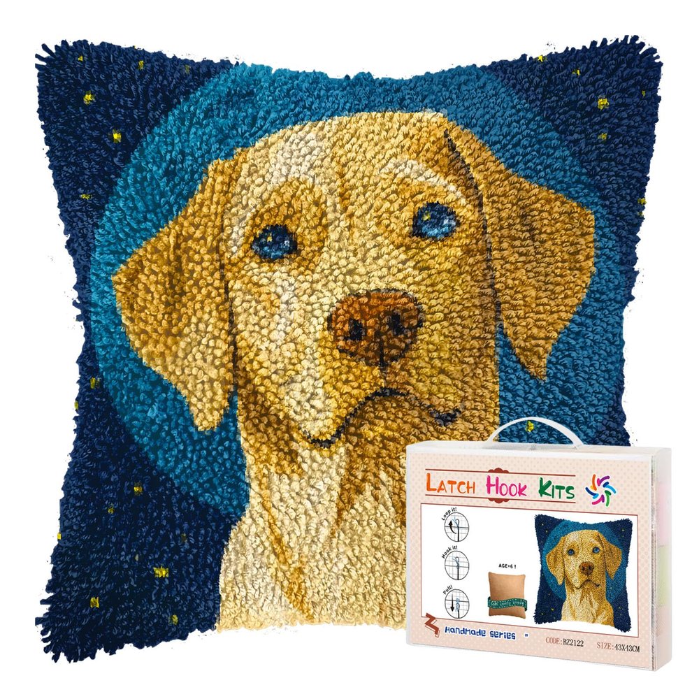 DIY Latch Hook Pillow Kits for Adults Cartoon Labrador Dog Printed Pillowcase Crochet Yarns Hooking Handmade Pillow Cover Cushion for Home Sofa Decoration 17x17inch-19