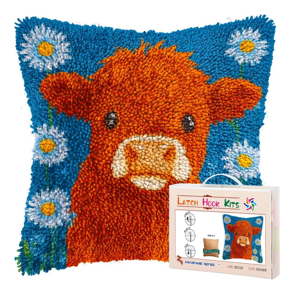 DIY Latch Hook Pillow Kits for Adults Cute Orange Baby Highland Cow Night Moon Printed Pillowcase Crochet Yarns Hooking Handmade Pillow Cover Cushion for Home Sofa Decoration 17x17inch-43