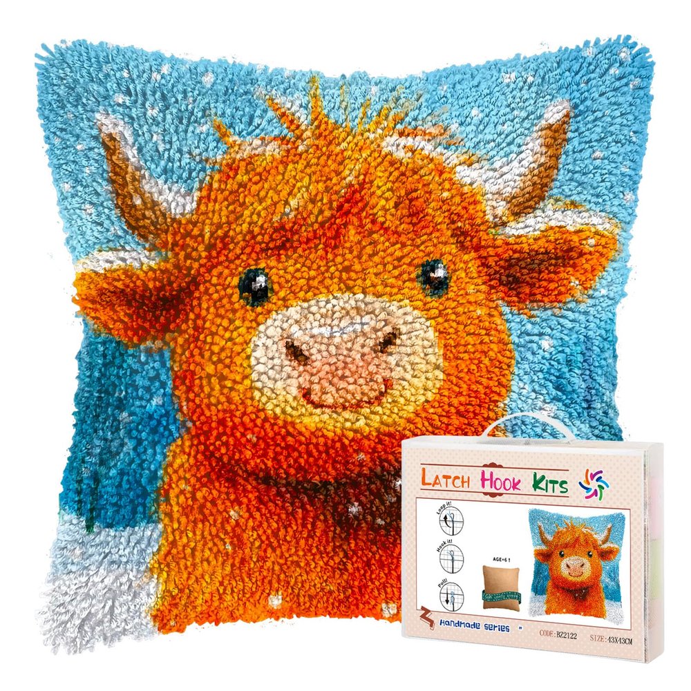 DIY Latch Hook Pillow Kits for Adults Cute Orange Baby Highland Cow Printed Pillowcase Crochet Yarns Hooking Handmade Pillow Cover Cushion for Home Sofa Decoration 17x17inch-136