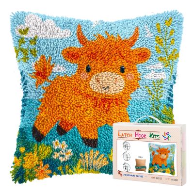 DIY Latch Hook Pillow Kits for Adults Cute Orange Baby Highland Cow Printed Pillowcase Crochet Yarns Hooking Handmade Pillow Cover Cushion for Home Sofa Decoration 17x17inch-107