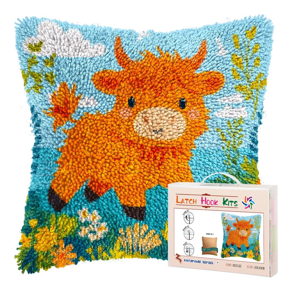 DIY Latch Hook Pillow Kits for Adults Cute Orange Baby Highland Cow Printed Pillowcase Crochet Yarns Hooking Handmade Pillow Cover Cushion for Home Sofa Decoration 17x17inch-107