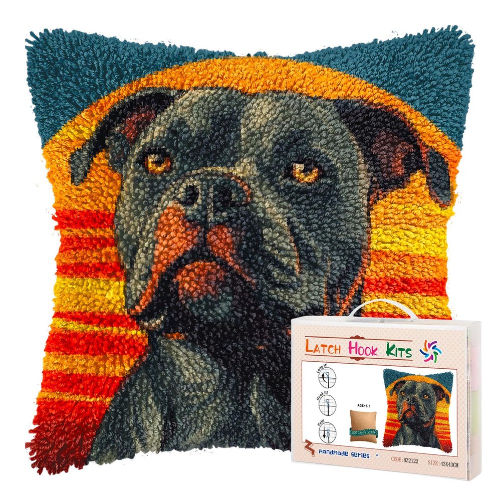 DIY Latch Hook Pillow Kits for Adults Cartoon Pitbull Dog with Sunset Printed Pillowcase Crochet Yarns Hooking Handmade Pillow Cover Cushion for Home Sofa Decoration 17x17inch-6