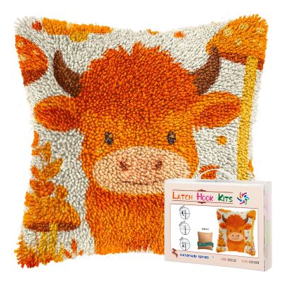 DIY Latch Hook Pillow Kits for Adults Cute Orange Baby Highland Cow Printed Pillowcase Crochet Yarns Hooking Handmade Pillow Cover Cushion for Home Sofa Decoration 17x17inch-79