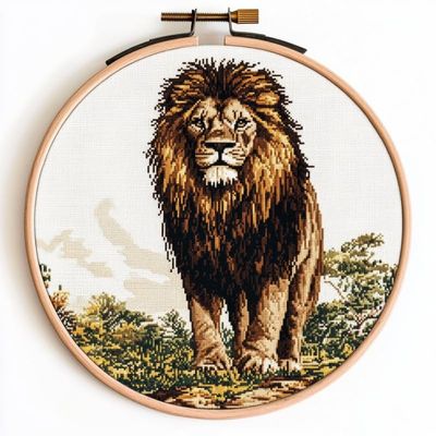 Cross Stitch Kits Counted Kit Cross-Stitching Pattern for Home Decor, 11CT Pre-Printed Fabric Embroidery Crafts Needlepoint Kit Canvas 13.7 x13.7 inches (35x35cm)- Lion, Grass (P) 12
