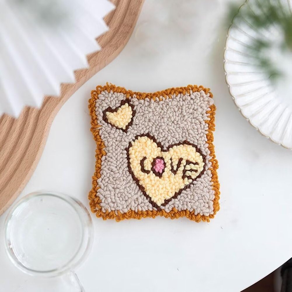 Punch Needle Coasters Kit Love Toast Pattern Punch Needle Kit with Yarns Embroidery Hoop Instruction, DIY Punch Needle Cat Coasters Kits