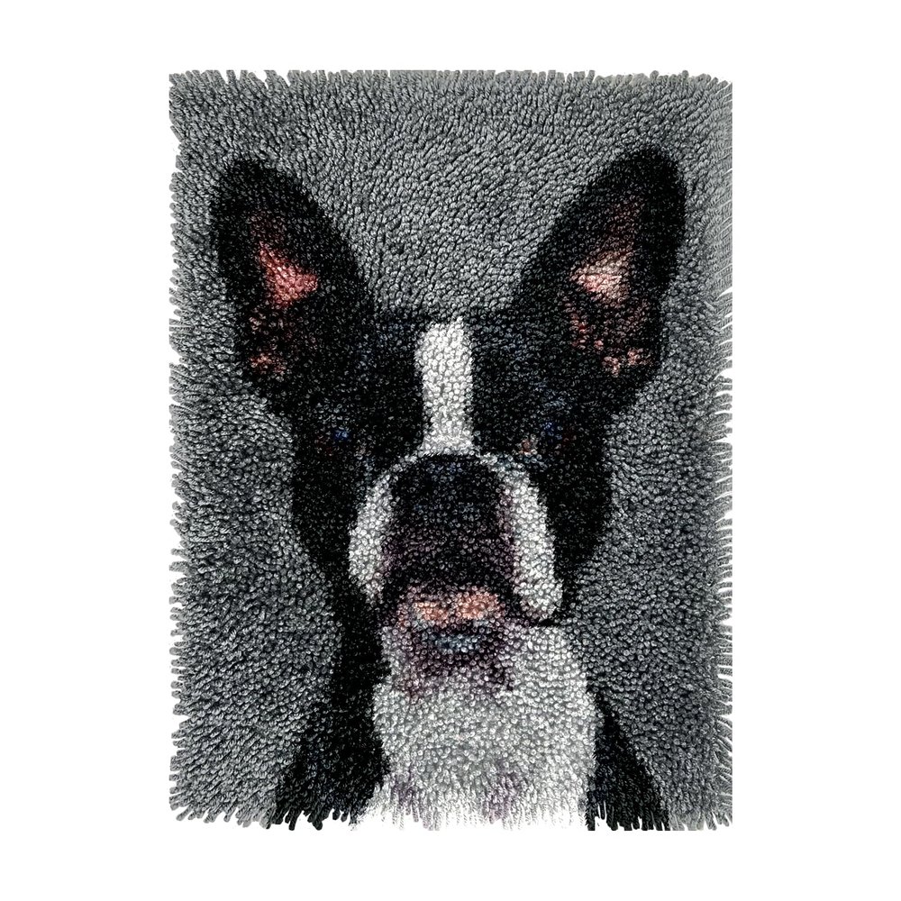 Cute Boston Terrier Portrait DIY Latch Hook Rug Kits Crochet Yarn Printed Match Embroidery Needlework Carpet Cover Hook and Latch Kit Tapestry Merry Christmas Floor Decor 38x52cm(1)