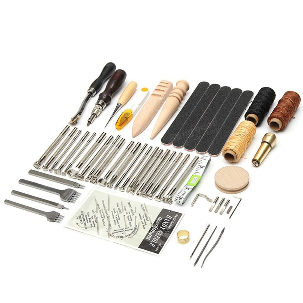 SEWACC 59pcs Leather Craft Tool Kit Complete DIY Sewing Accessories for Upholstery Canvas and Carpets Includes Various Needles for Hand Stitching and Repair