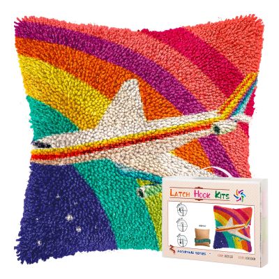 DIY Latch Hook Pillow Kits for Adults Rainbow Aircraft in Navigation Printed Pillowcase Crochet Yarns Hooking Handmade Pillow Cover Cushion for Home Sofa Decoration 17x17inch-1