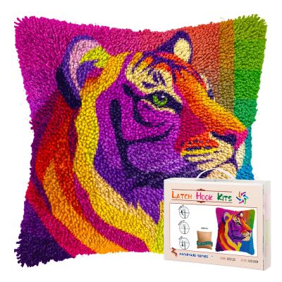 DIY Latch Hook Pillow Kits for Adults Rainbow Tiger Graphic Printed Pillowcase Crochet Yarns Hooking Handmade Pillow Cover Cushion for Home Sofa Decoration 17x17inch-1