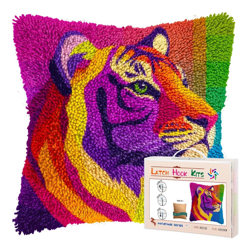 DIY Latch Hook Pillow Kits for Adults Rainbow Tiger Graphic Printed Pillowcase Crochet Yarns Hooking Handmade Pillow Cover Cushion for Home Sofa Decoration 17x17inch-1
