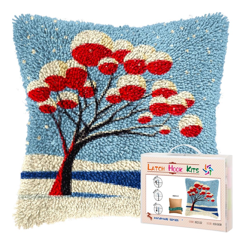 DIY Latch Hook Pillow Kits for Adults Winter Snow Lake Tree Printed Pillowcase Crochet Yarns Hooking Handmade Pillow Cover Cushion for Home Sofa Decoration 17x17inch-6