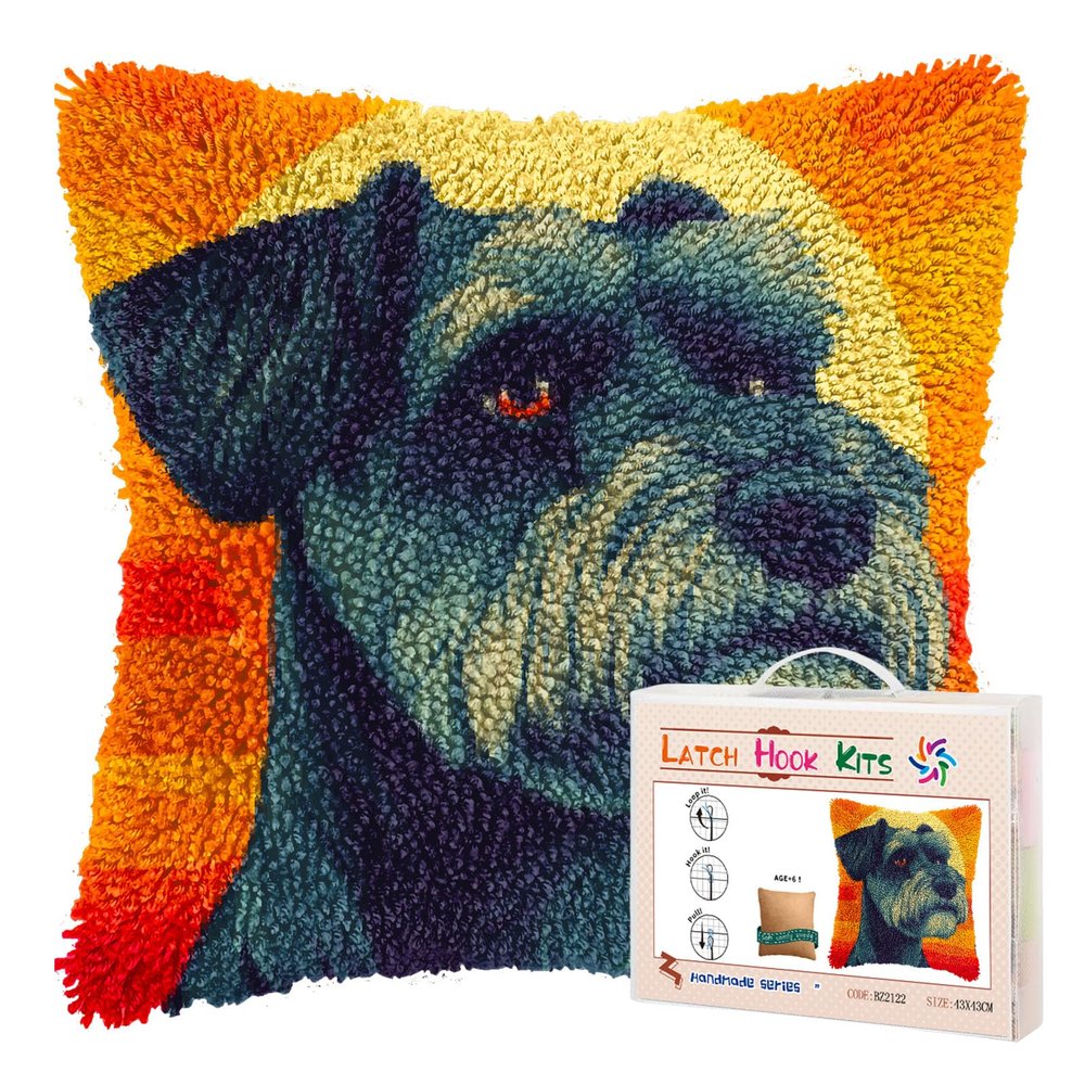 DIY Latch Hook Pillow Kits for Adults Schnauzer Dog with Sunset Printed Pillowcase Crochet Yarns Hooking Handmade Pillow Cover Cushion for Home Sofa Decoration 17x17inch-4