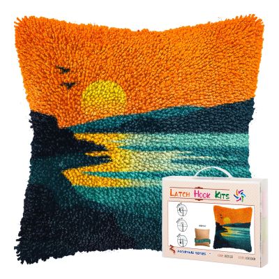 DIY Latch Hook Pillow Kits for Adults Beach Seaside and Sunset Scene Printed Pillowcase Crochet Yarns Hooking Handmade Pillow Cover Cushion for Home Sofa Decoration 17x17inch-10