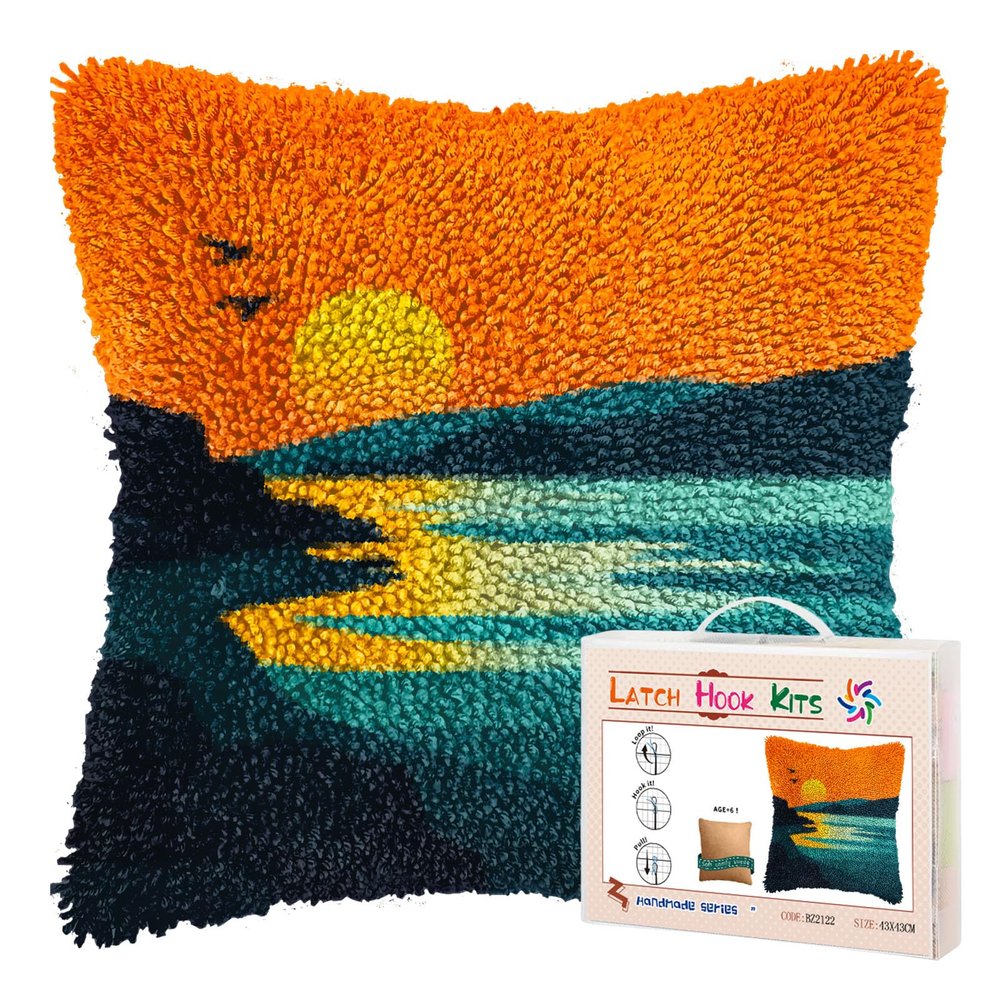 DIY Latch Hook Pillow Kits for Adults Beach Seaside and Sunset Scene Printed Pillowcase Crochet Yarns Hooking Handmade Pillow Cover Cushion for Home Sofa Decoration 17x17inch-10