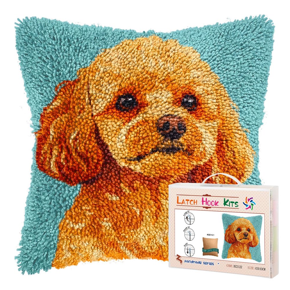 DIY Latch Hook Pillow Kits for Adults Cute Poodle Dog Printed Pillowcase Crochet Yarns Hooking Handmade Pillow Cover Cushion for Home Sofa Decoration 17x17inch-2