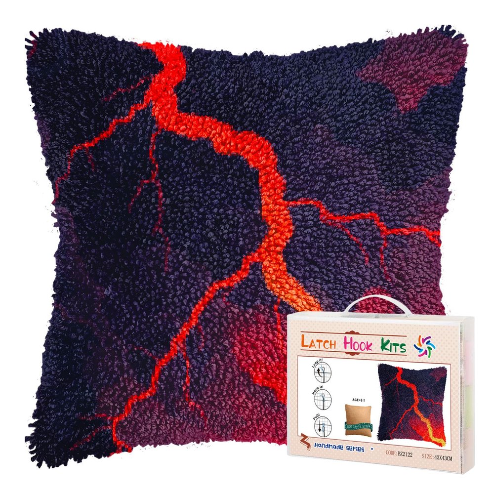 DIY Latch Hook Pillow Kits for Adults Lightning and Dark Clouds Printed Pillowcase Crochet Yarns Hooking Handmade Pillow Cover Cushion for Home Sofa Decoration 17x17inch-3