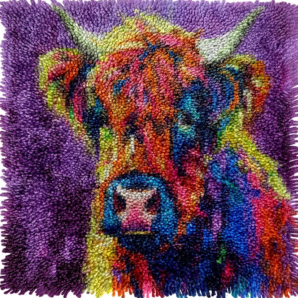 Cute Rainbow Hair Highland Cow Latch Hook Kits Pillow DIY Crochet Yarn Printed Cushion Needlework Pillowcase Hook and Latch Kit Pillowcase Christmas Home Sofa Decor 43x43cm(4)