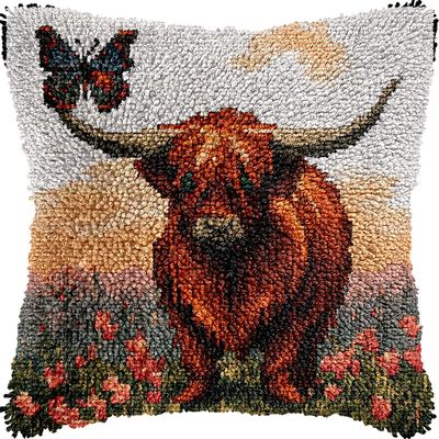 DIY Latch Hook Kits Pillowcase Highland Cow Back with Sunset Crochet Yarn Pre-Printed Cushion Needlework Pillow Hook and Latch Kit Cushion Home Sofa Decoration 43x43cm(9)