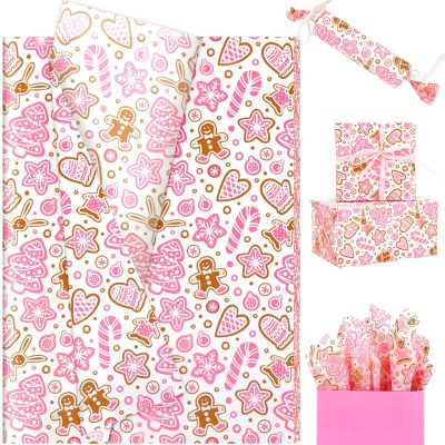 100 Sheet Christmas Tissue Paper, 20x14in Gingerbread Man Xmas Tree Cane Snowflake Pattern Art Paper for Christmas Party Home Decor Gift Crafts (Pink)
