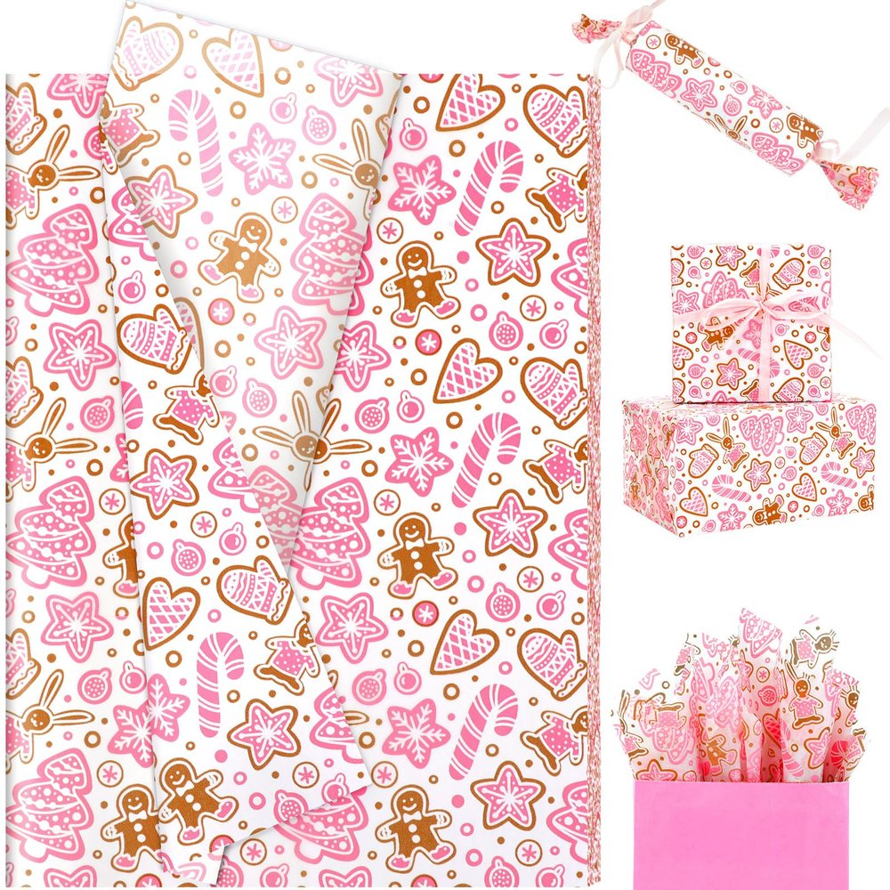 100 Sheet Christmas Tissue Paper, 20x14in Gingerbread Man Xmas Tree Cane Snowflake Pattern Art Paper for Christmas Party Home Decor Gift Crafts (Pink)
