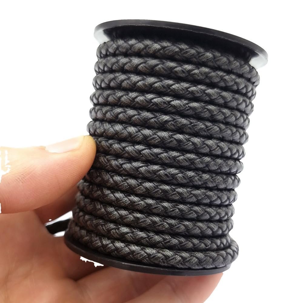 shapesbyX 3 Yards Uncut 5mm Diameter Round Braided Bolo Cords Regenerated Leather Strap for Bracelet Making or Jewelry Beading Antique Gray