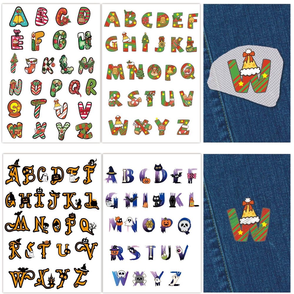 CRASPIRE 104Pcs A-Z Letters Water Soluble Embroidery Patterns Christmas Halloween Initial Alphabet Sewing Stick and Stitch A4 Transfers Fabric Stabilizers Wash Away Self Adhesive for Cloth DIY Lover