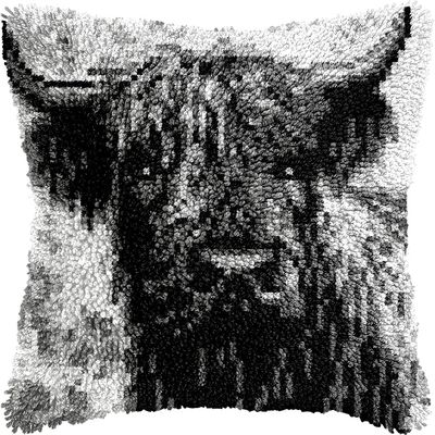 Black and White Highland Cow Latch Hook Kits Pillow DIY Crochet Yarn Printed Pillowcase Needlework Hook and Latch Kit Cushion Cover Christmas Home Sofa Decoration 43x43cm