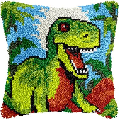 Green Dinosaur Roar Latch Hook Kits Pillow DIY Crochet Yarn Printed Pillowcase Needlework Hook and Latch Kit Cushion Cover Christmas Home Sofa Decoration 43x43cm