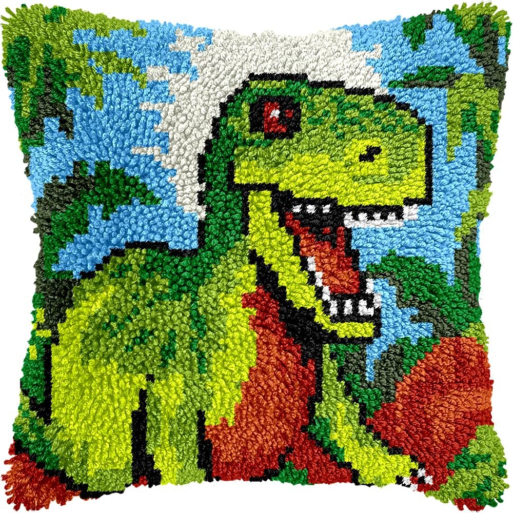 Green Dinosaur Roar Latch Hook Kits Pillow DIY Crochet Yarn Printed Pillowcase Needlework Hook and Latch Kit Cushion Cover Christmas Home Sofa Decoration 43x43cm