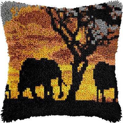 Evening Sunset Tree Elephant Scene Latch Hook Kits Pillow DIY Crochet Yarn Printed Pillowcase Needlework Hook and Latch Kit Cushion Cover Christmas Home Sofa Decoration 43x43cm