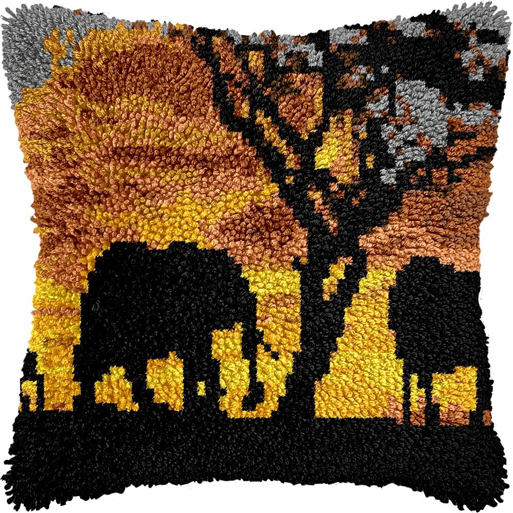 Evening Sunset Tree Elephant Scene Latch Hook Kits Pillow DIY Crochet Yarn Printed Pillowcase Needlework Hook and Latch Kit Cushion Cover Christmas Home Sofa Decoration 43x43cm