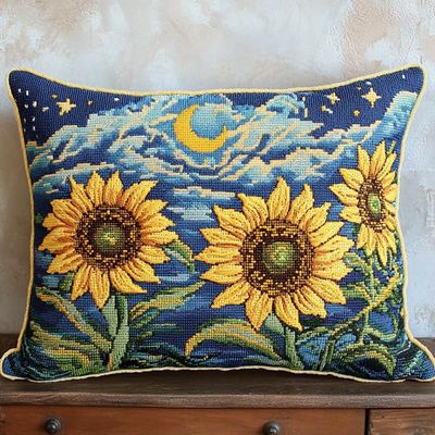 Sunflowers Under The Moon Embroidery Kit Pillowcase for Beginners,Cross Stitch Kits for Adults,DIY Pillow Cover Kit,for Living Room Sewing Art Home Decoration(18x18 inches)