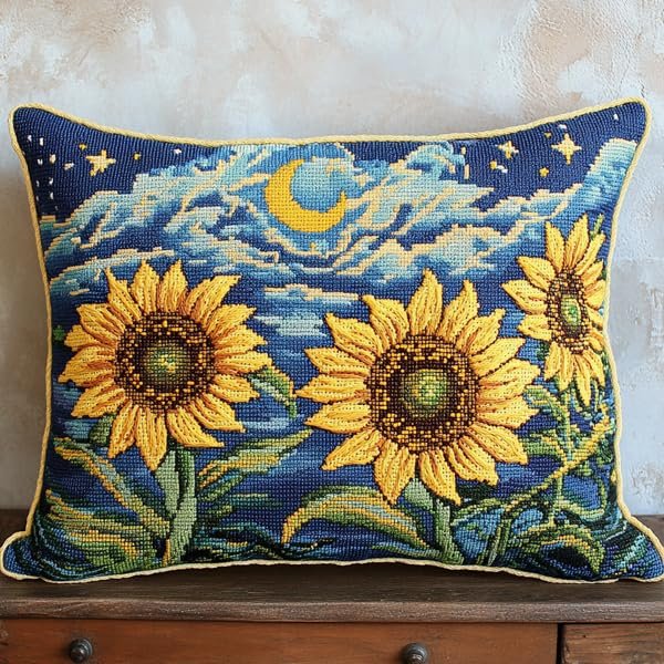 Sunflowers Under The Moon Embroidery Kit Pillowcase for Beginners,Cross Stitch Kits for Adults,DIY Pillow Cover Kit,for Living Room Sewing Art Home Decoration(18x18 inches)