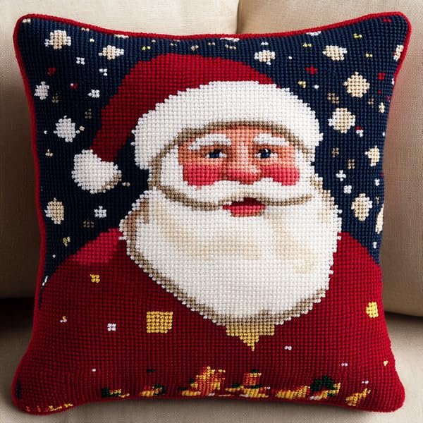 Cross Stitch Cushion Kit Father Christmas Pillow kit 45x45 cm DIY Cushion Embroidery Kit Needlepoint Handmade Needlework Cushion Kit Stitched Pillow Cover Kit for Adults Beginners