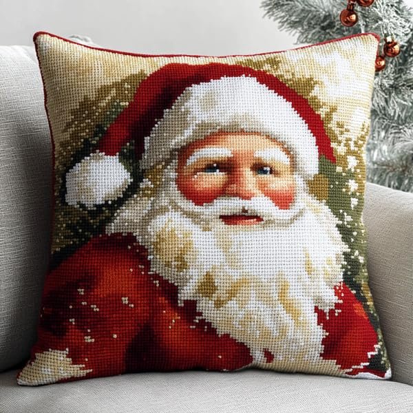 Amcdjkery Cross Stitch Cushion Kit Christmas Grandpa Pillow kit 45x45 cm DIY Cushion Embroidery Kit Needlepoint Handmade Needlework Cushion Kit Stitched Pillow Cover Kit for Adults Beginners