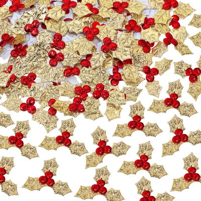 Mini Triple Leaf Penta Angel 100Pcs Small Christmas Holly Berries Craft Decoration Sequins Embellishments for DIY Holiday Wreath Arrangement Gift Tags and Card Making (Gold)