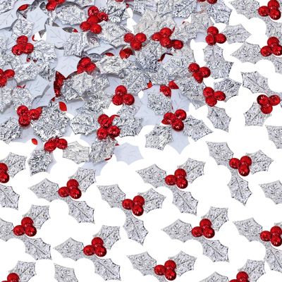 Mini Triple Leaf Penta Angel 100Pcs Small Christmas Holly Berries Craft Decoration Sequins Embellishments for DIY Holiday Wreath Arrangement Gift Tags and Card Making (Sliver)