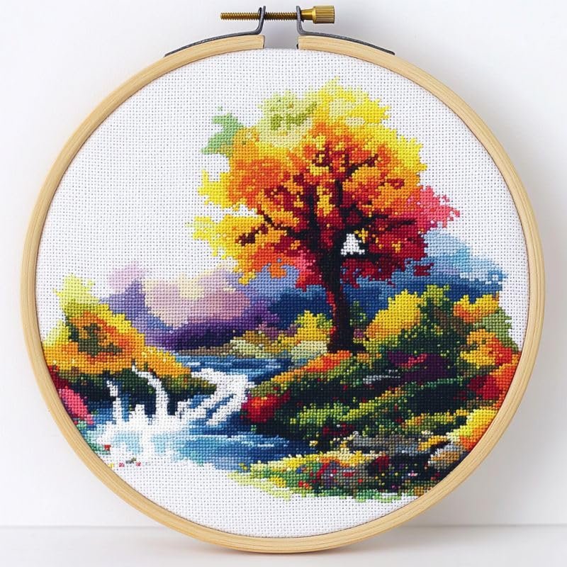 Cross Stitch Kits Counted Kit Cross-Stitching Pattern for Home Decor, 11CT Pre-Printed Fabric Embroidery Crafts Needlepoint Kit Canvas 13.7 x13.7 inches (35x35cm)- Rainbows, Trees, Scenery (T) 1